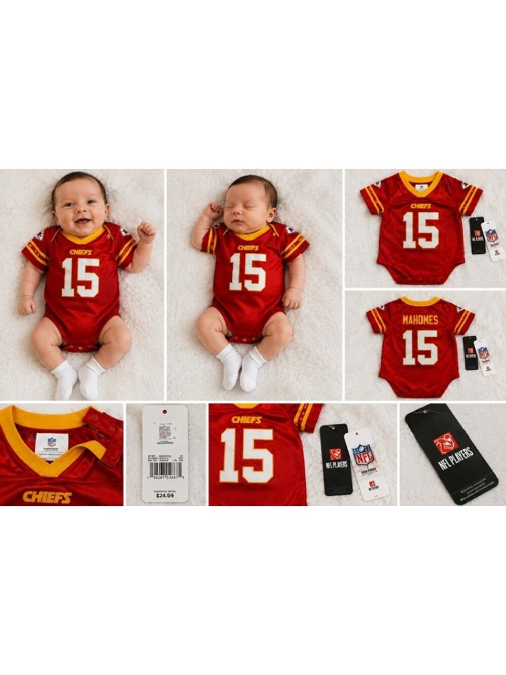 Patrick Mahomes Kansas City Chiefs NFL Baby Jersey Bodysuit Newborn NWT #15